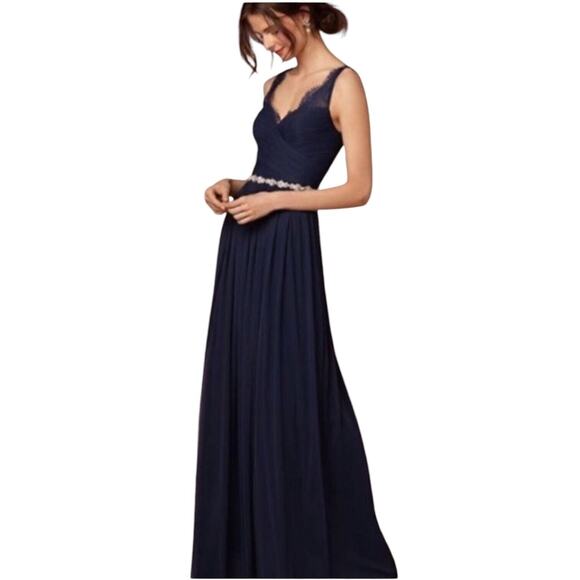 Hitherto BHLDN Navy Blue Fleur Lace Chiffon Maxi Formal Gown Prom Dress, Size 10 - Picture 1 of 16